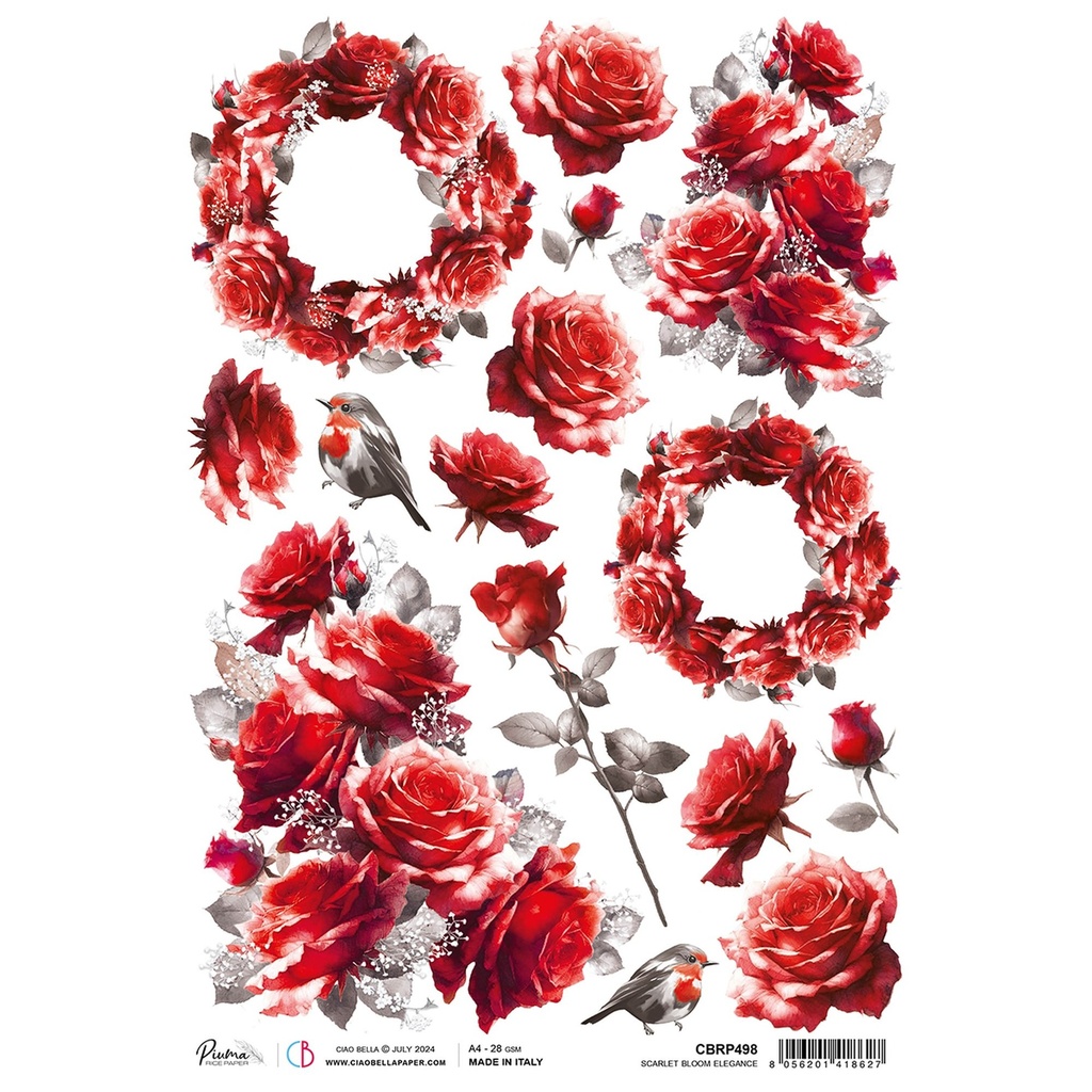 Ciao Bella Paper - Scarlett Bloom Elegance A4 rice paper (SINGLE Sheet)