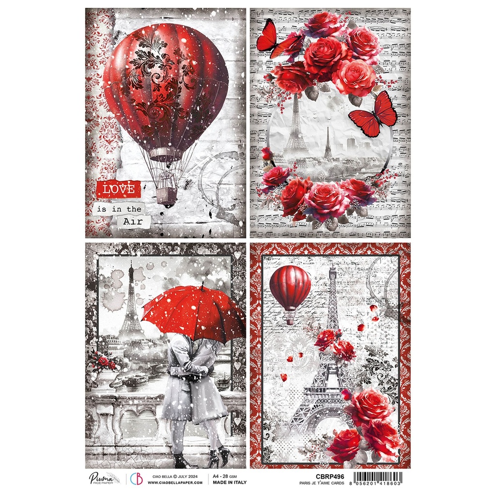 Ciao Bella Paper - Paris Je T’Aime Cards A4 rice paper (5 Pack)