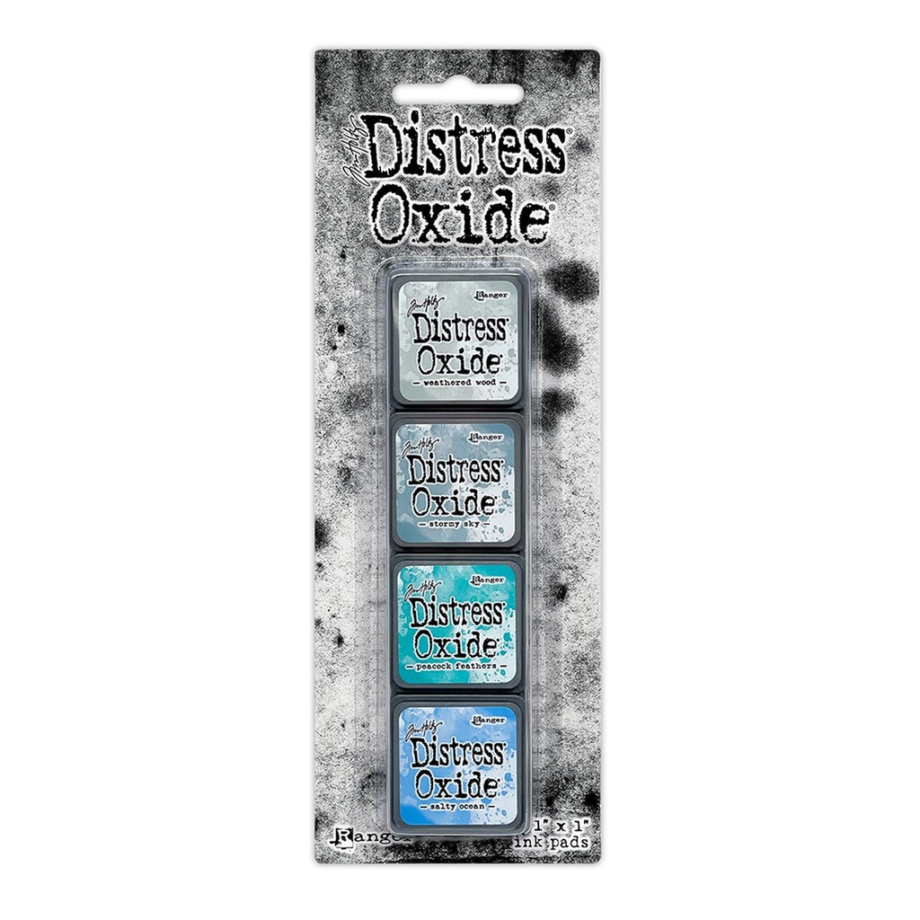 Tim Holtz Mini Distress Oxide Pads - Kit 4 (Includes Weathered Wood/Stormy Sky/Peacock Feathers/Salty Ocean)