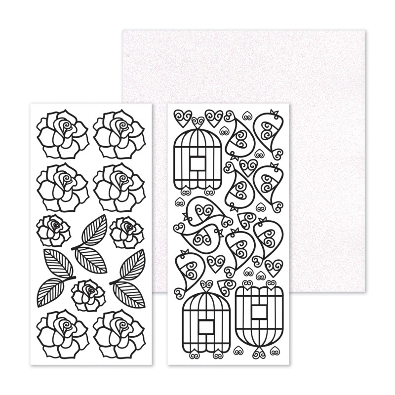 Stick 'n' Color Peel Off Set - Roses, Birds and Hearts Pots (3 sheets)