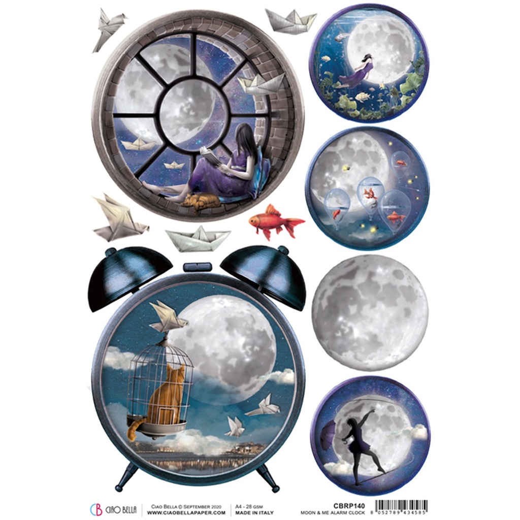Ciao Bella Paper - Moon & Me Alarm Clock A4 rice paper (5 Pack)