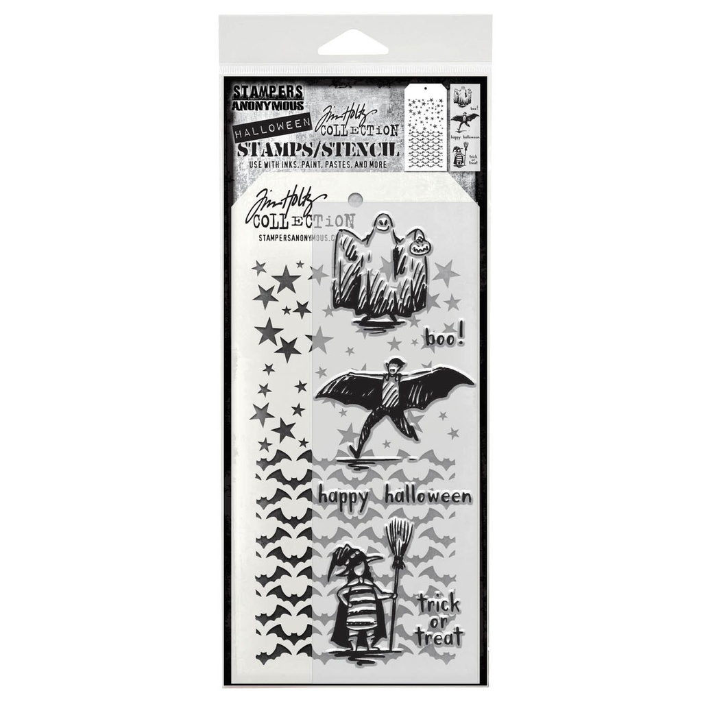 Tim Holtz Mixed-Media Stamps & Stencil Set: MIXED MEDIA - TRICK OR TREAT