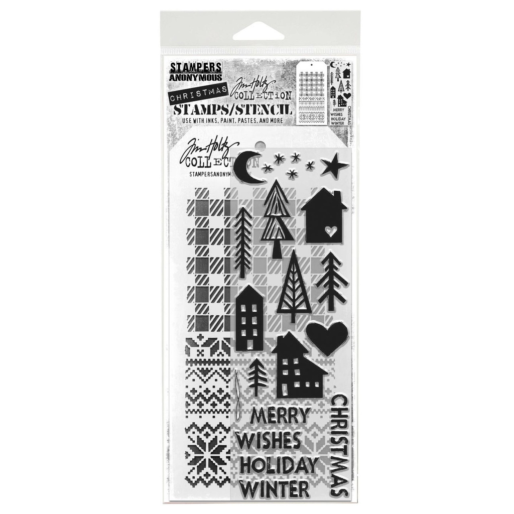 Tim Holtz Mixed-Media Stamps & Stencil Set #87 - Festive Print