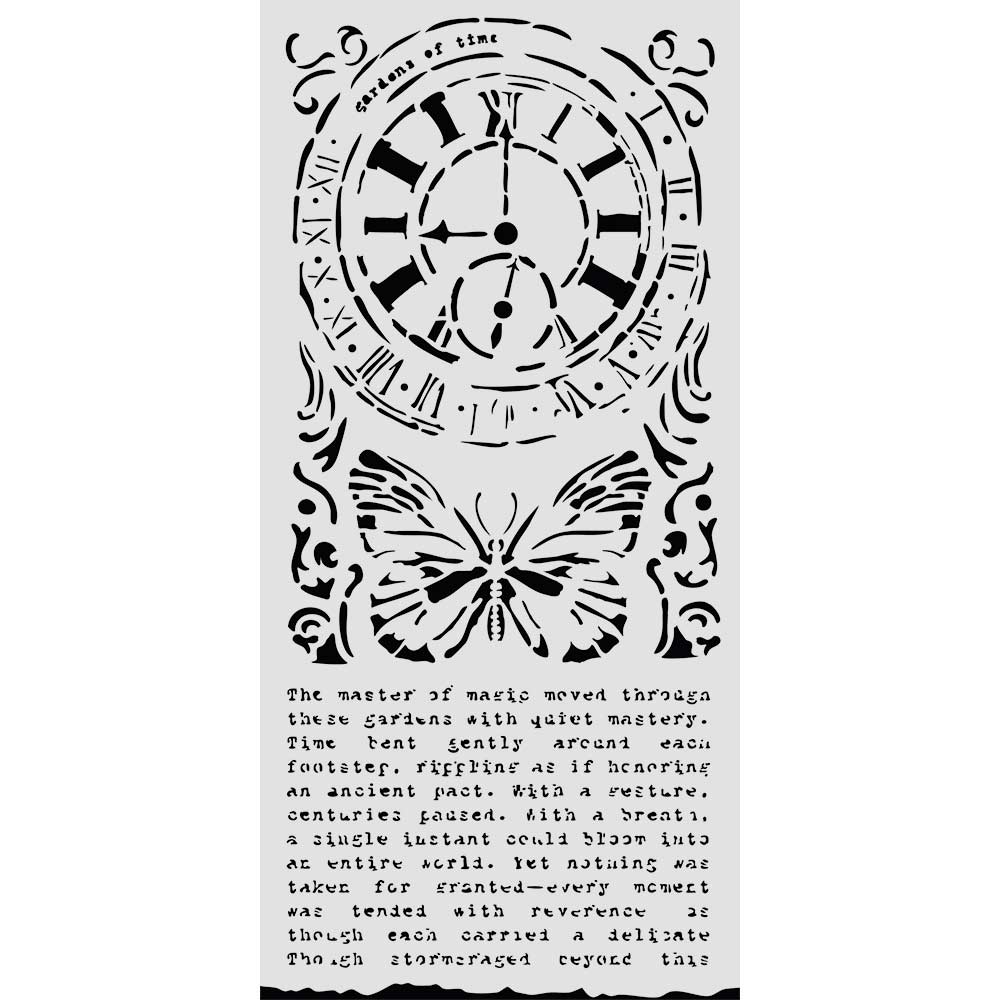 Stamperia - Gardens of Time - Clock and Butterfly Stencil (12x25cm)