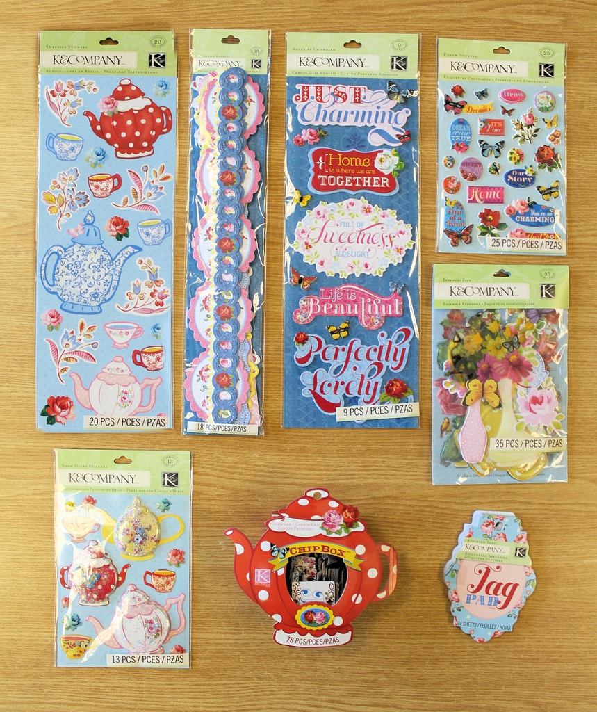 K&Co Chipbox, Tag Pad, Embossed Stickers, Ephemera Pack, Snow Globes, Adhesive Chipboard, Adhesives Borders & Pillow Sticker Set