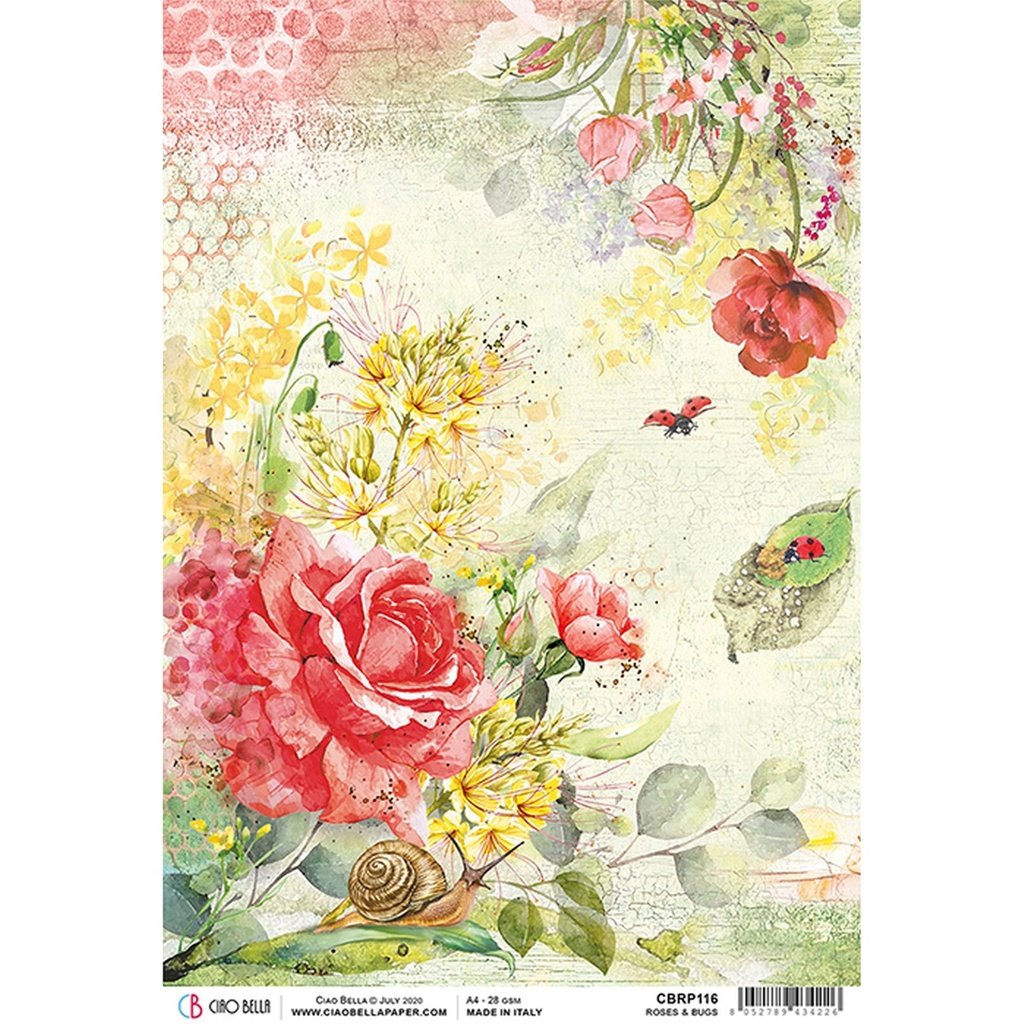 Roses & Bugs  - Ciao Bella Piuma Rice Paper A4 - Single Sheet