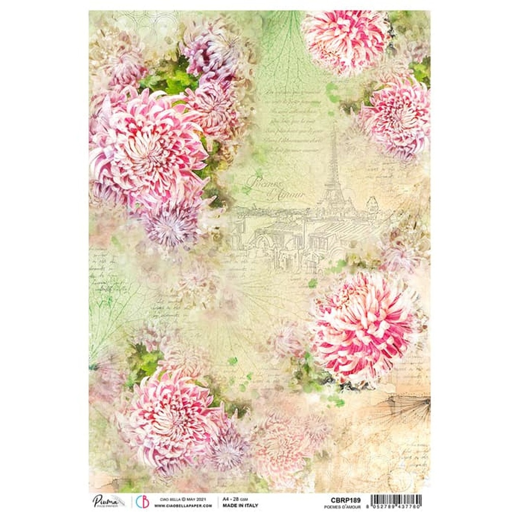 Ciao Bella Paper - Poemes D’Amour A4 rice paper (SINGLE Sheet)
