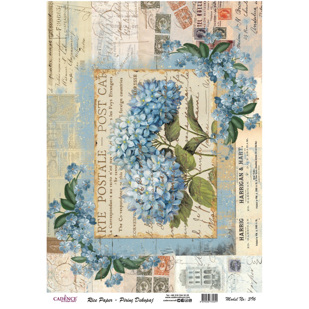 Cadence Rice A3 Decoupage Paper - Hydrangea Blue