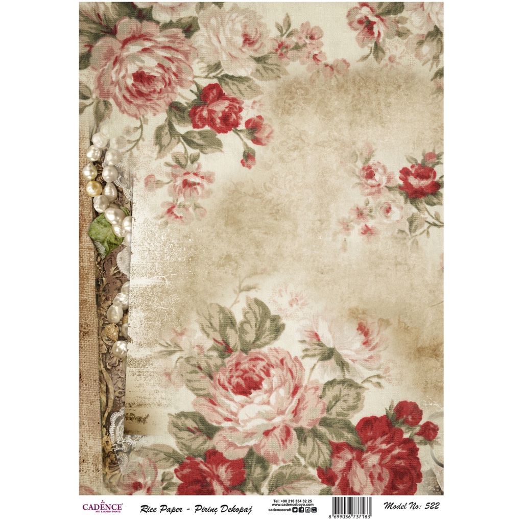 Cadence Rice A3 Decoupage Paper - Pearls and Roses 