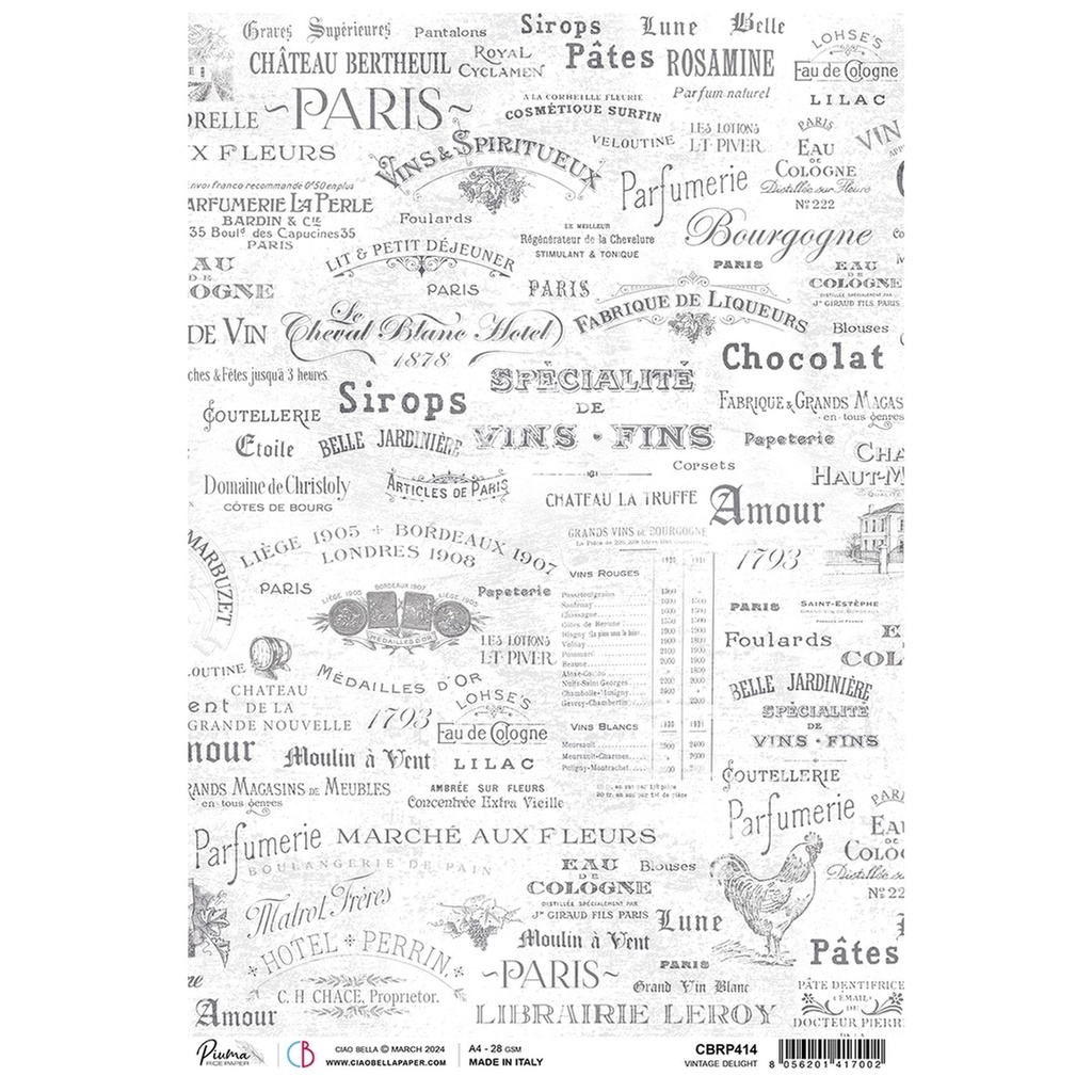 Vintage Delight - Ciao Bella Piuma Rice Paper A4 - Single Sheet