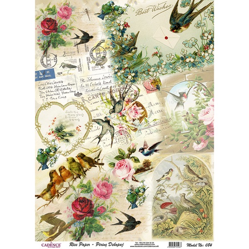 Cadence Rice A3 Decoupage Paper - Floral and Bird Melody