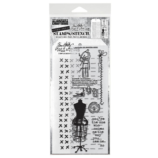 Tim Holtz Mixed-Media Stamps & Stencil Set #42 - Haberdashery 