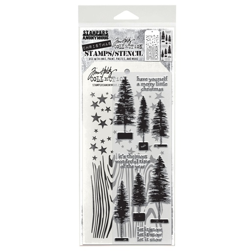 Tim Holtz Mixed-Media Stamps & Stencil Set - Bottlebrush Trees