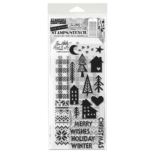 Tim Holtz Mixed-Media Stamps & Stencil Set - Festive Print