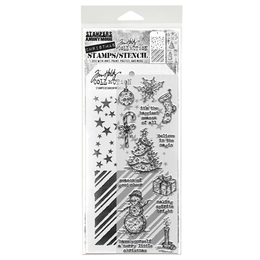 Tim Holtz Mixed-Media Stamps & Stencil Set - Tattered Christmas