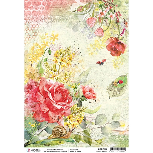 Ciao Bella Paper - Roses & Bugs A4 rice paper (SINGLE Sheet)